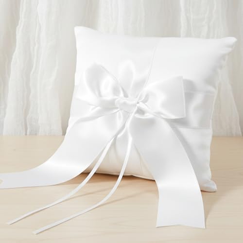 Skrfren Satinband Hochzeit Ringkissen Weiß Ring Bearer Kissen Mit Schöne Bowknot Weiß Brautkissen Träger Ehering Kissen Mit Simulation Perle Für Verlobung Oder Eheringe Vintage 15 X15cm