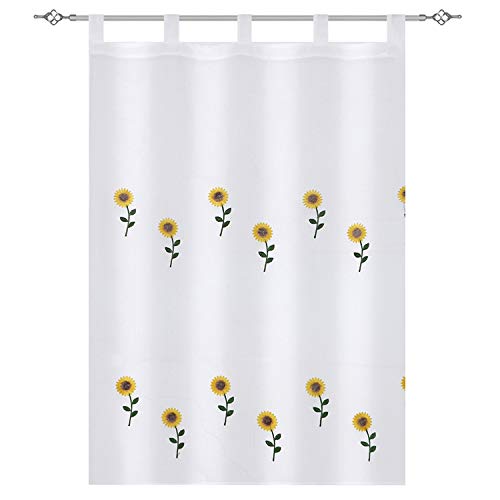 Frenessa Juego de Visillos Cortinas Bordado de Girasol con Trabillas para Cocina Balcón Puerta Ventanas, Blanco, 100x140cm 2 Piezas