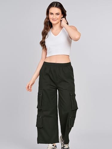 Image of ADDYVERO Elastic Cotton Solid Non-Stretchable Regular Fit Full Length Women six Pockets Cargo Pant (Dark Green, 32)