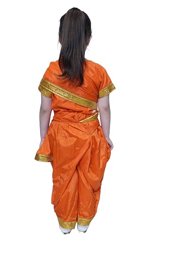 Image of Kaku Fancy Dresses Silk,Polyester Marathi Girl Lavni Folk Dance Costume With Jewellery For Kids - Orange, 10-12 Years