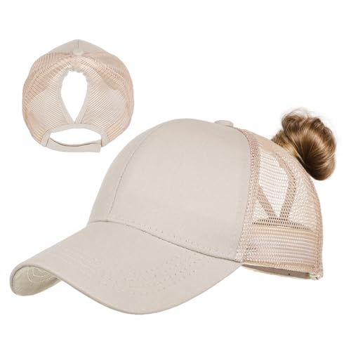 TMEOG Baseball Cap Damen Basecap Frauen Kappe mit Netz Pferdeschwanz Cap mit Loch für Zopf Baseballkappe Sommer Cappy Unifarben Sportkappe Atmungsaktiv(Khaki)