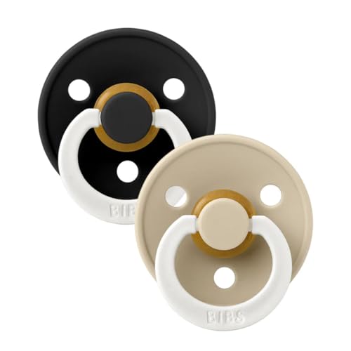 Image of BIBS Pacifiers Colour Collection | Natural Rubber Baby Pacifier | Set of 2 BPA-Free Soothers | Made in Denmark | 6+ Months (Pack of 2) | Black Night/Vanilla Night | Natural Rubber | BPA-Free | Danish Design | Airflow Holes | Comfort Shield