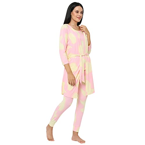Image of Sweet Dreams Women Tie & Dye Lapel Collar 3 /4th Sleeve Poly Brush Robe, Slip & Pyjamas