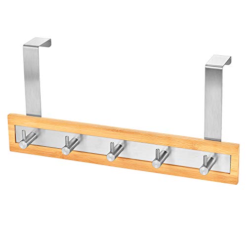 Toilettree Products Bamboo Wood & Stainless Steel Over The Door Towel Rack, 5 Hooks #TOP1