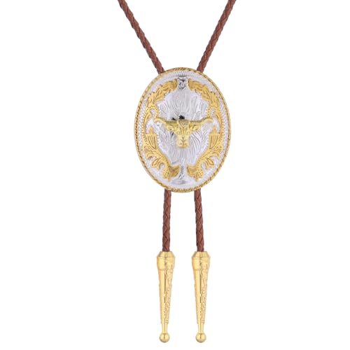 Image of GelConnie Brown Bolo Tie for Men Women Western Ties Mens Gold Bolo Tie Rodeo Cowboy Leather Necktie Cowgirl Tie Wedding