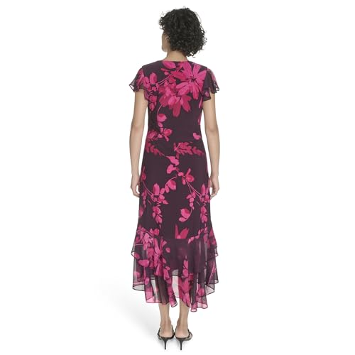 Image of Tommy Hilfiger Women's Flutter Sleeve V-Neck Ruffle Trim Hi-Lo Midi Dress