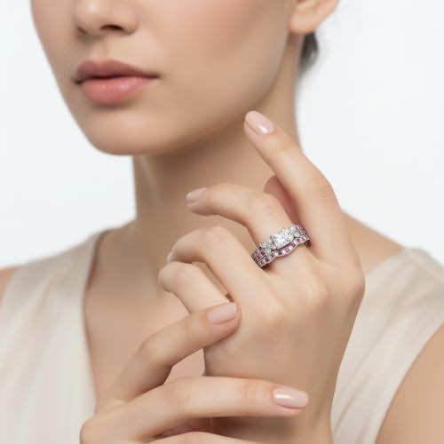 Image of Choose Your Gemstone Milgrain Petal Diamond CZ Wedding Ring Set 925 Sterling Silver Princess Shape Wedding Ring Sets Lightweight Office Wear Everyday Gift Jewelry US Size 4 to 12
