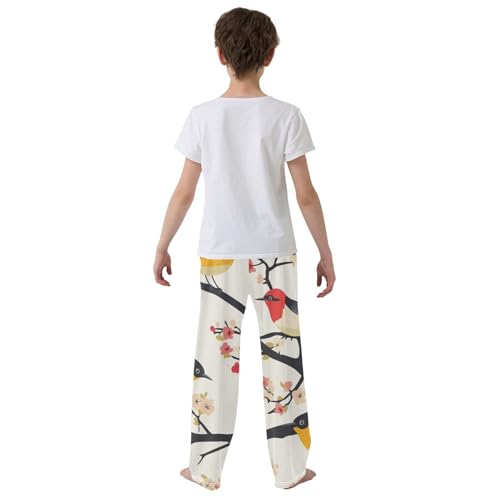 Bird Plum Florals Boys Long Pants Soft Trousers Elastic Waist Kids Lounge Bottoms with Pockets S-XL3
