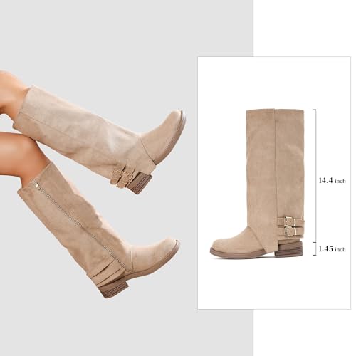 Putu Women's Fold Over Boots Flat Knee High Boots Faux Suede3