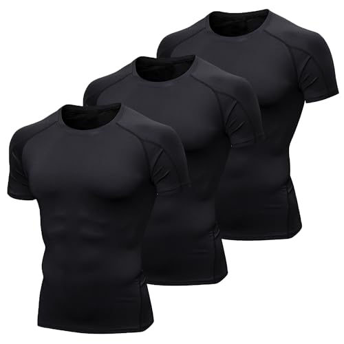 YUSHOW 3er Pack Kompressionsshirt Herren Kurzarm Sportshirt Atmungsaktiv Funktionsshirt Schnelltrocknendes Laufshirt Training Männer T Shirt Sommer Laufen Fitness Gym,Schwarz（3er Pack,L