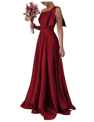 One Shoulder Bridesmaid Dress with Pockets Satin Long Prom Dress A Line Cocktail Party Gown BS216