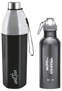 MILTON Alive 750 Stainless Steel Water Bottle, 750 ml, Black (Pack of 1) Kool Hexone 1200 Insulated Water Bottle, 1.12 litres, Black