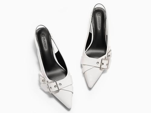 Image of Coutgo Womens Slingback Kitten Heels Closed Pointed Toe Pumps Studded Buckle Strap Party Dress Shoes