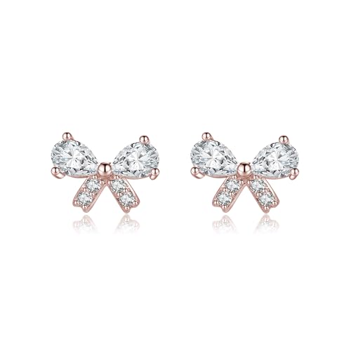 Reffeer Solid 925 Sterling Silver CZ Bow Stud Earrings for Women Teen Girls Small Cute Bow Earrings Stud Hypoallergenic