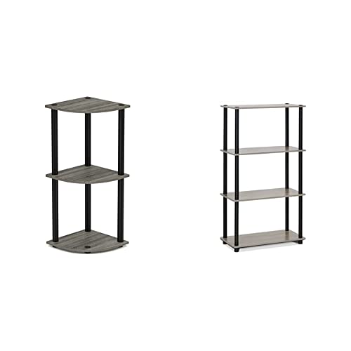 Furinno Turn-N-Tube 3-Tier Corner Display Rack Multipurpose Shelving Unit, French Oak Grey/Black, Model:12077Gyw/Bk & Turn-N-Tube 4-Tier Multipurpose Shelf Display Rack, French Oak Grey/Black #TOP27