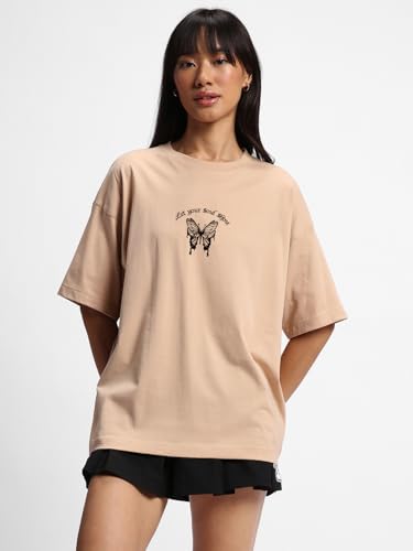 Image of Bewakoof Women's 100% Cotton Graphic Print Oversized Fit Round Neck T-Shirt