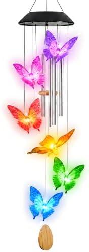 36” Butterfly Aluminum Tube Solar Light LED Wind Chime for Outside, Weather Resistant Decoration Outdoor Garden Patio Soft Tone Decor, Gift for Birthday, Mother’s Day, Relaxation