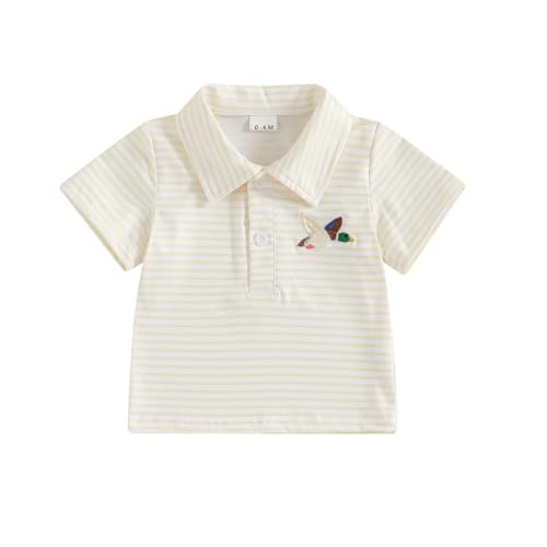 Kodaruber Toddler Baby Boys Girls Embroidery Polo Shirt Striped Print Short Sleeve Lapel Button Down Shirts Summer Clothes(Duck Embroidery Khaki,18-24 Months)