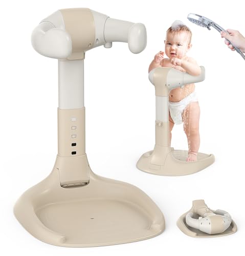 Image of Foldable Baby Shower Stand Support, Adjustable Baby Bath Stand, No Assembly Toddler Bathtub Standing, Anti-Slip Soporte para Banera de Bebe, Toddler Standing Up Shower Support for Babies (Khaki)