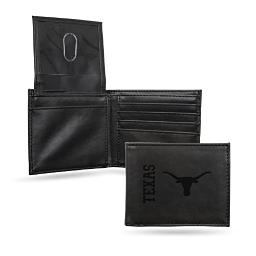 Image of Rico Industries NCAA Texas Longhorns Men's Billfold Black Wallet- Premium 10 Pocket Laser-Engraved Team Logo on Vegan Leather- Minimalist Design, Flip ID Window, Credit Card Holder- Ideal Men's Gift