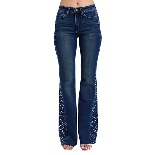 Women’s Rhinestone Side Panel Flare Jeans – High Rise, Stretch Denim, Stylish Flared Design - 88920