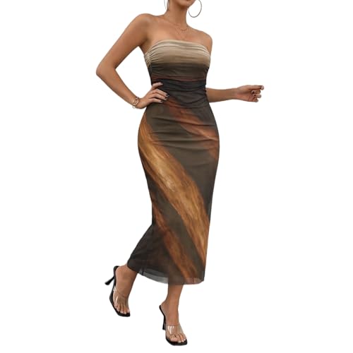 Image of LIGHT DOT Women's Summer Maxi Dress Tie Dye Strapless Tube Bodycon Side Slit Mesh Layered