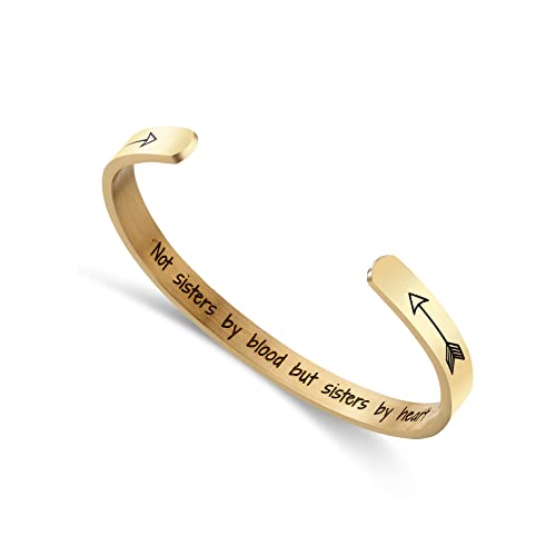 Not Sisters by Blood But Sisters by Heart Cuff Bangle Bracelet Stainless Steel Friendship Jewelry (gold)