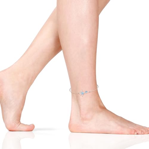 Image of Fenthring Turtle Anklet S925 Sterling Silver Blue Opal Sea Turtle Ankle Bracelets for Women Infinity Wave Ocean Beach Summer Foot Bracelet Jewelry Layered Adjustable