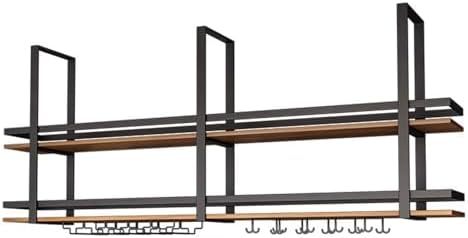 Industrial Hanging Wine Rack with Glass Holder & Storage Shelf, Metal Ceiling Floating Shelves for Kitchen & Bar, Elegant Iron Design for Home Decor