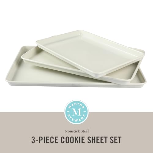 Image of Martha Stewart Gallen 3-Piece Cookie Sheet Set - 13 inch, 15 inch, 17 inch Baking Pans, Ceramic Nonstick, PFA-Free, Carbon Steel - Oven Safe to 450F, Warp-Resistant, Easy to Clean - Linen White
