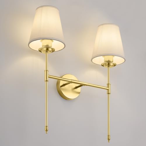 Image of Wall Sconce with Flared White Textile Lamp Shade, Double Sconces Wall Lighting Bathroom Light Fixtures, Gold Brushed Wall Lights Wall Lamp Vanity Light Fixtures with Long Arms, E26 Base