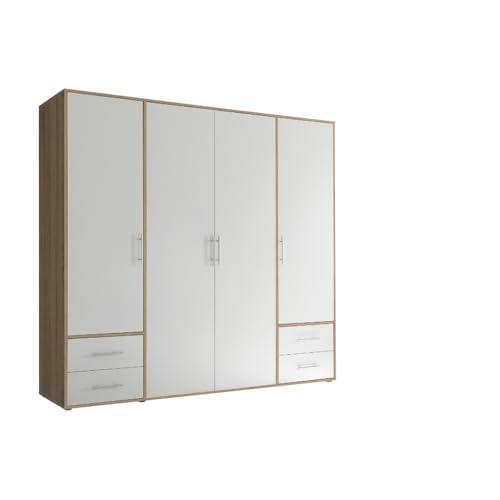 Stella Trading Kleiderschrank in Eiche Sonoma Optik, Weiß - Vielseitiger Drehtürenschrank 4-türig mit viel Stauraum für Ihr Schlafzimmer - 206 x 195 x 60 cm (B/H/T)