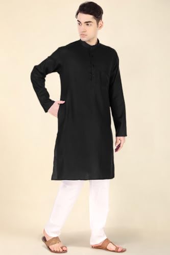 Image of Men's Cotton Solid Kurta Set Mandarin Collar Regular Fit Long Sleeves Ethnic Dress