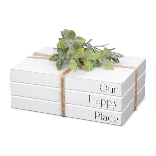 Decorative Wooden Books for Home Decor White Faux Books for Display Rustic Farmhouse Stacked Books (OUR HAPPY PLACE)