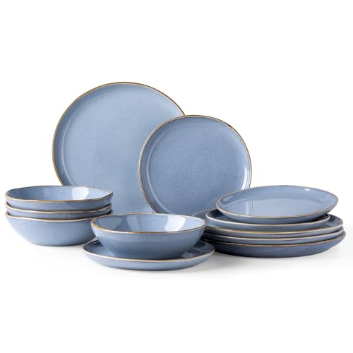 Image of AmorArc Ceramic Dinnerware Sets for 4, 12Pcs Plates and Bowls Sets Dishes | Stoneware Handmade Reactive Glaze Dinner Set, Highly Scratch Resistant | Dishwasher & Microwave Safe Dishware