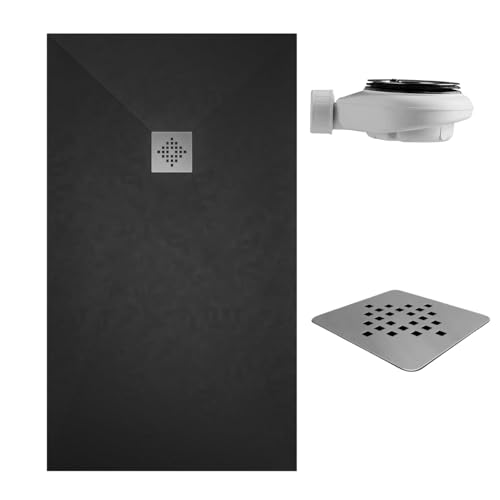 SOULBATH Receveur de Douche -Résine -Gel Coat -Texture Lisse/Pierre -Antidérapant -Couleur Noir - 110x90- Extra plat 3cm. Bonde de vidange incluse - Standard