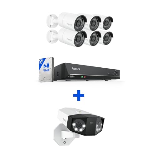 REOLINK 5MP PoE Security Camera System Bundle, 6pcs 5MP IP Cameras, 1pcs 16MP Dual-Lens Duo 3 PoE, a 8CH NVR Pre-Installed with 2TB HDD(Include 6 x 18M Cat5 Cable)