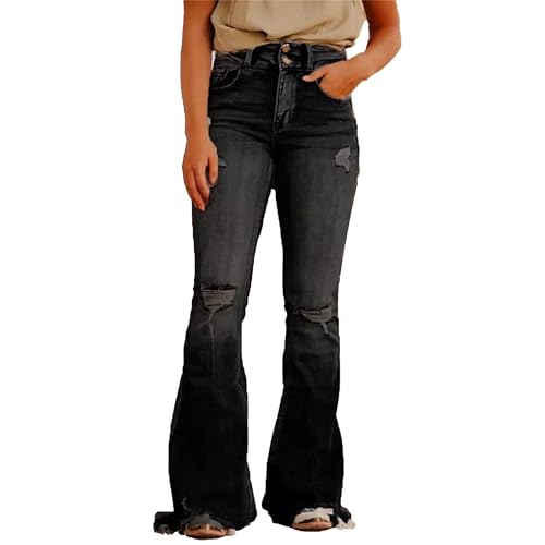 Ripped Jeans Womens Bell Bottom Raw Hem High Waist Y2k Boyfriend 2025 Trendy Fashion Stretch Long Denim Pants