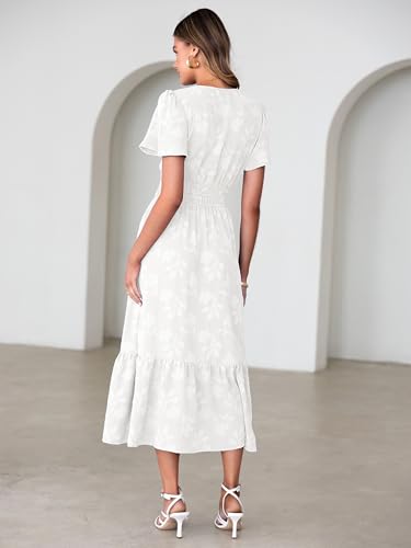 Image of Simplee Womens Summer Boho Maxi Dress Semi Formal Wedding Guest Short Sleeve V Neck Empire Waist Floral Long Dresses