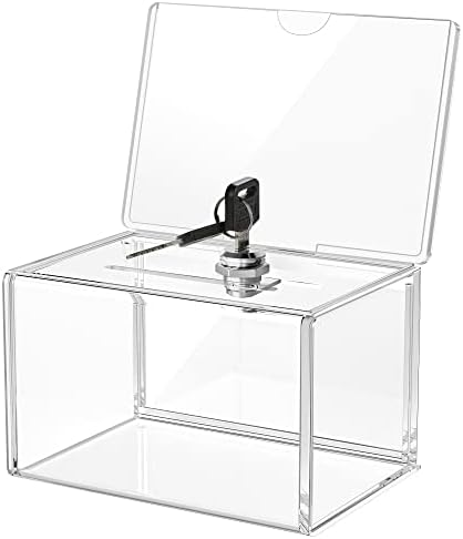 MaxGear Acrylic Donation Box with Lock and Sign Holder, Clear Ballot Box Donation Boxes for Fundraising (6.25" x 4.5" x 4") with Lock - Clear