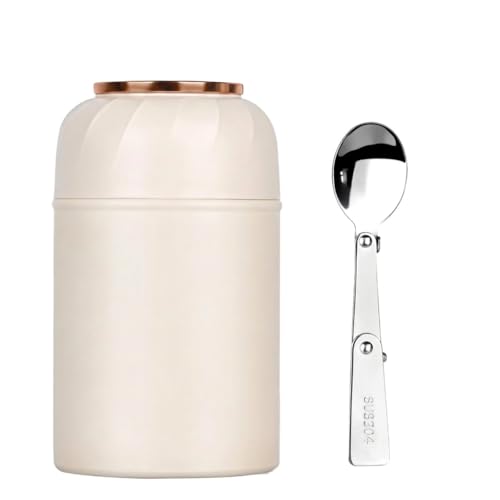 Image of Insulated Lunch Box 500ml Stainless Steel | Thermal Food Flask & Food Jar with Folding Spoon | Leakproof Tiffin Box for Office, School, Travel | Hot & Cold Food Container (White With Golden Handle)