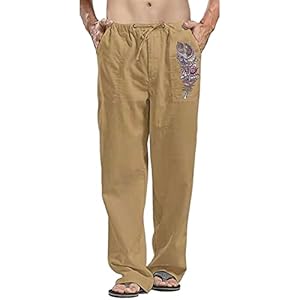 QUINTRA Hommes Printemps et été Pantalon décontracté Tout Match Couleur Unie Peinture Coton Lin Pantalon Ample Mode Plage Pantalon Costume Père Noël