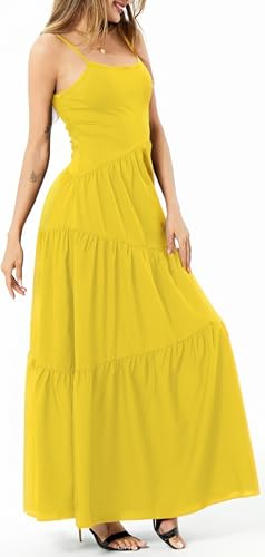 Image of Women's Summer Flowy Tiered Maxi Dress Elegant Spaghetti Strap with Ruffled Skirt Beach Vacations Parties