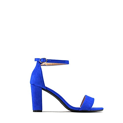 MODELISA   Sandalia Tacón Ancho Abierto Con Talón Hebilla Pulsera Al Tobillo Mujer (Azul, numeric_36)