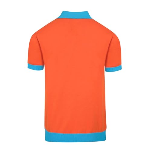 Retro Knitted Polo Shirts for Men, 1960s Geometric Pattern Short Sleeve with Quarter Button, Orange Blue2