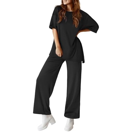 Totatuit Two Piece Sets For Women Summer Travel Vacation Airport Outfits Short Sleeve Oversized Loungewear Sets Black X-Small