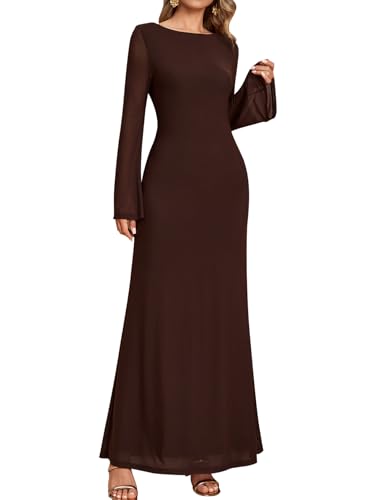 EYNMIN Long Sleeve Maxi Dress Backless Tie Bodycon Mesh 2025 Fall Formal Wedding Guest Dresses for Women