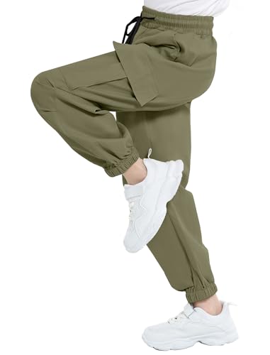 Image of JiAmy Girls Cargo Pants Elastic High Waist Drawstring Pants Jogger Trousers Casual Loose with Pockets 6-14Y