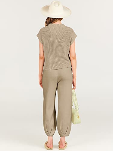 Prinbara Spring Outfits for Women 2023 Knit Pullover Tops Casual Pants Matching Lounge Sets Summer Fashion Clothes Tracksuit Sweatsuit Set Khaki 9PA53-kaqi-L