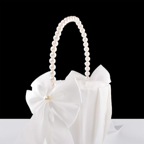 Flower Girl Basket for Weddings,Ivory Flower Girl Basket With Pearl Handle, Wedding Baskets for Flower Girls - Thumbnail 2